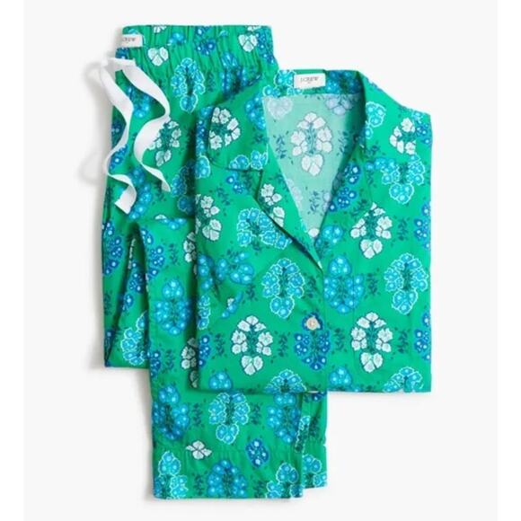 J.Crew Cropped Short-Sleeve Top & Pant Pajama Set Sz M Green Blue Floral Cotton - Picture 1 of 6